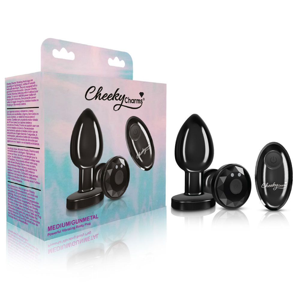 Cheeky Charms - Rechargeable Vibrating Metal Butt  Plug With Remote Control - Gunmetal - Medium -  Preorder Only